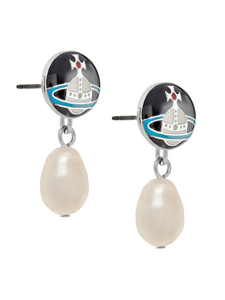 Vivienne Westwood Loelia Earrings- Platinum/Black Enamel/Creamrose Pearl