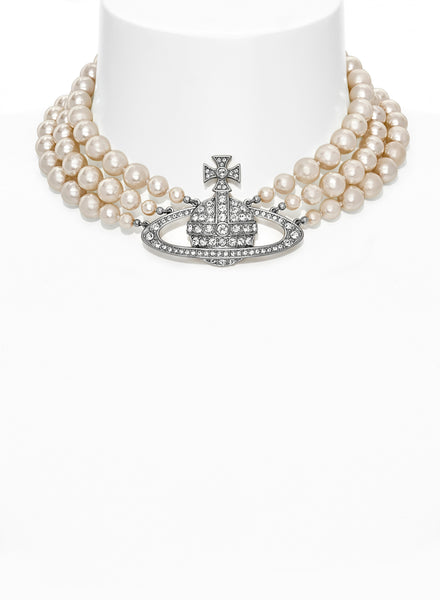 Vivienne Westwood Three Row Pearl Bas Relief Choker - Platinum/Pearl
