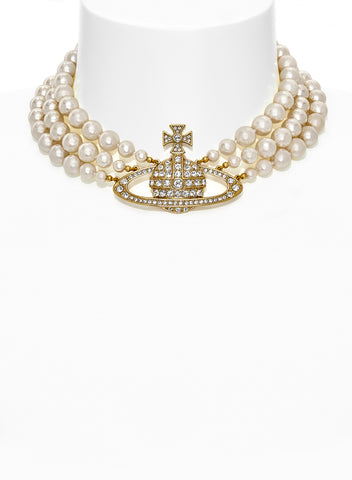 SS24 Vivienne Westwood Three Row Pearl Bas Relief Choker - Gold/Pearl