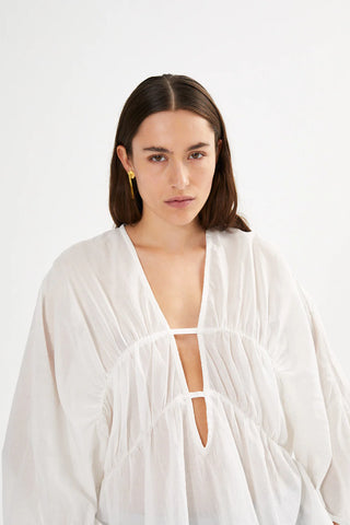 Rabens Saloner Cotton Voile Deep V-Neck Top - Corrie White