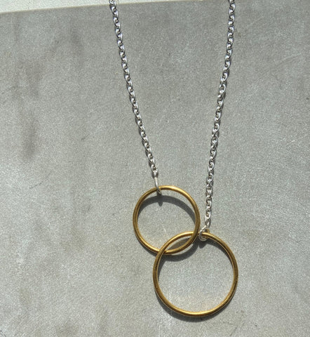 Double hoop Necklace - silver chain with gold hoop