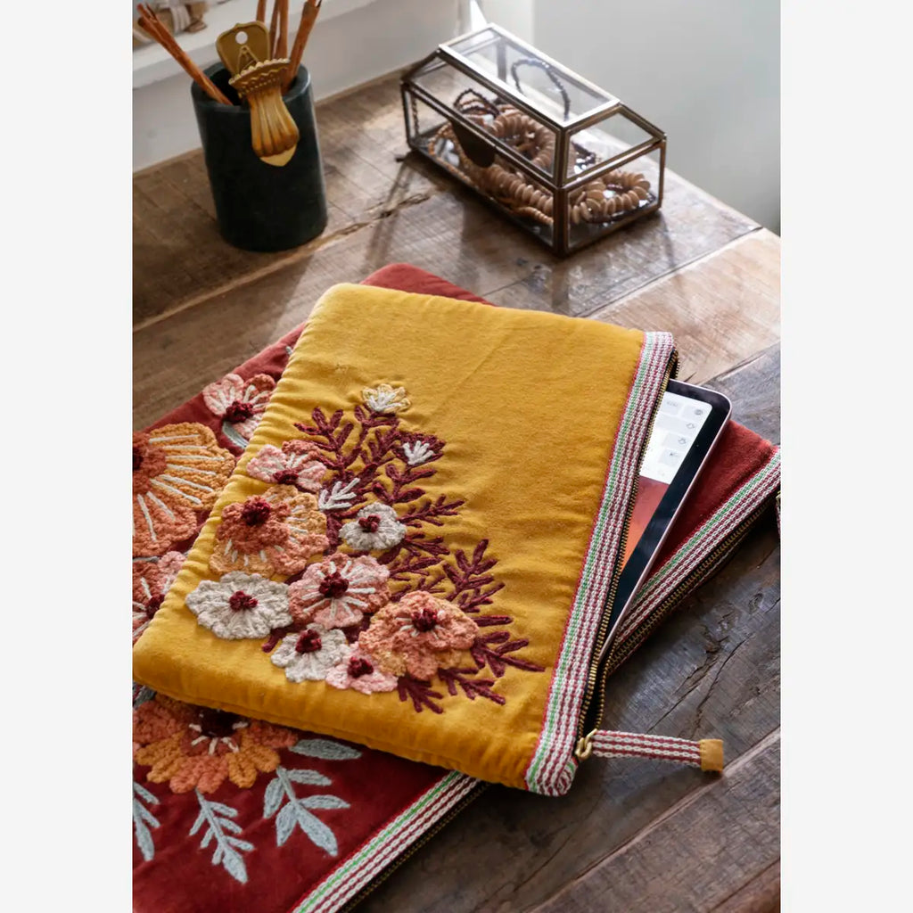 Madam Stoltz Embroidered velvet ipad sleeve 30x21cm in Mustard or Aqua