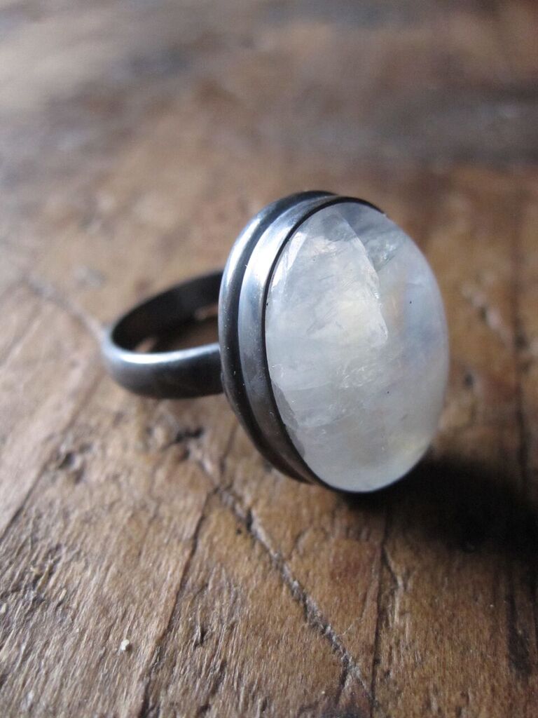 Collard Manson 925 Silver Oval Rainbow Moonstone Ring Oxidised