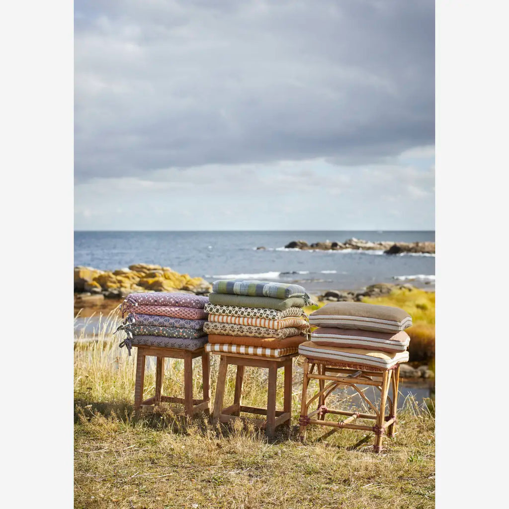 Madam Stoltz Striped Cotton chair pad - Tobacco, grey, off white