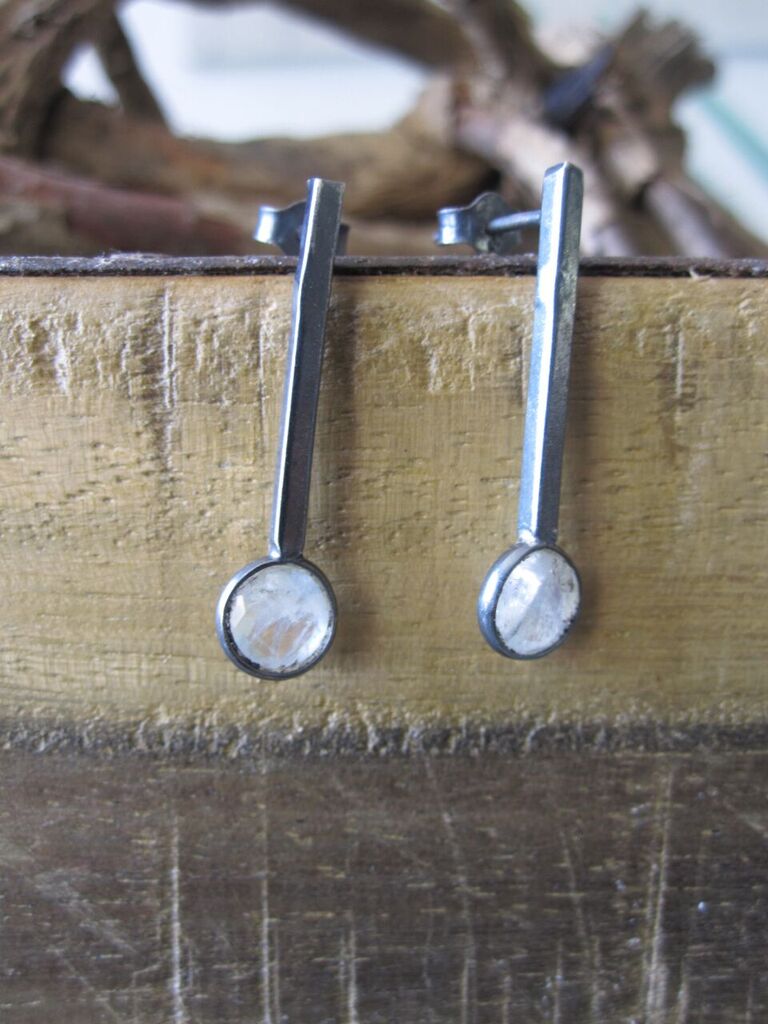 925 Oxidised Silver Stud Drop Moonstone Earrings