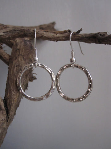 925 Silver Hammered Circle Drop Earrings