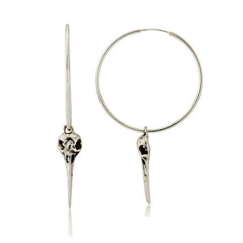 Bird Skull Hoop Earrings - Silver