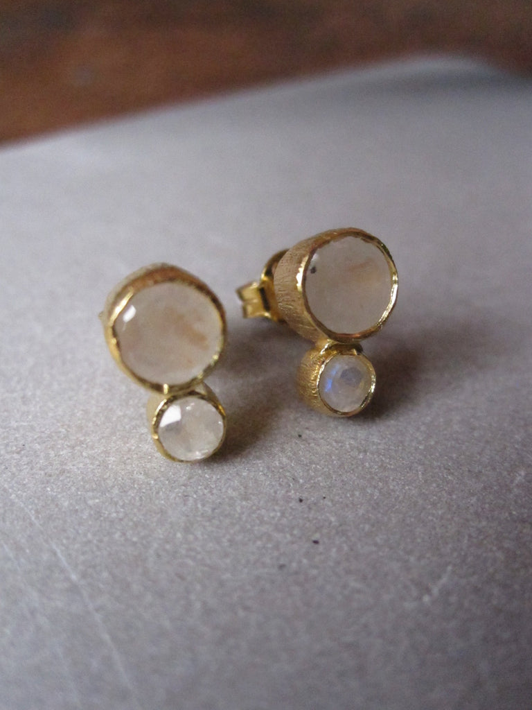 925 Silver Double Moonstone Earrings - Gold
