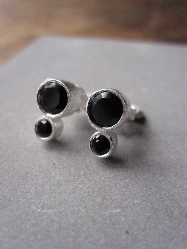 925 Brushed Silver Double Onyx Earrings