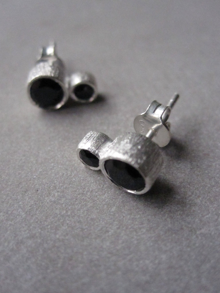 925 Brushed Silver Double Onyx Earrings