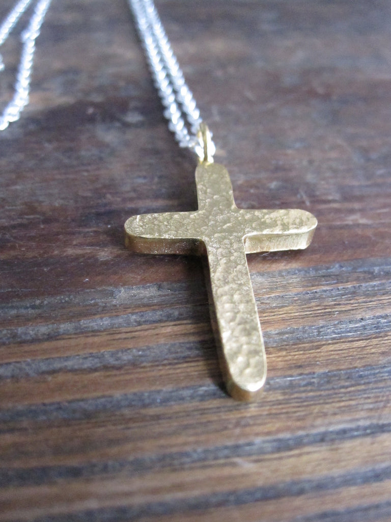 925 Silver Hammered Cross Necklace -Gold