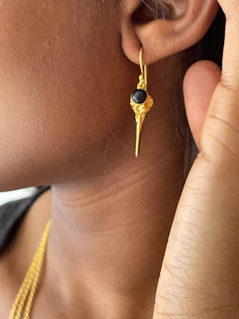 WDTS 925 Silver Bird Skull Onyx Drop Earrings - Gold