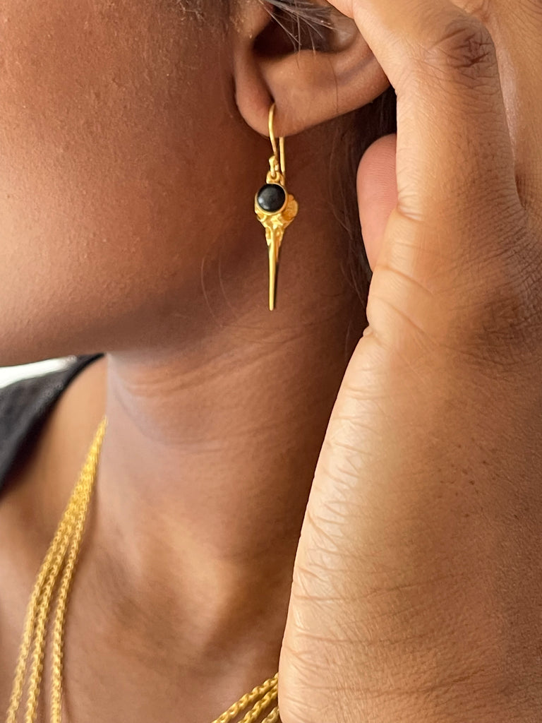 WDTS 925 Silver Bird Skull Onyx Drop Earrings - Gold