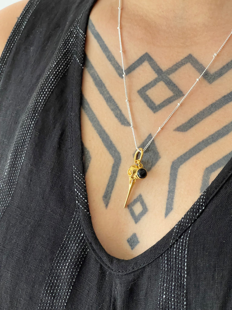 WDTS Bird Skull Necklace- gold/onyx