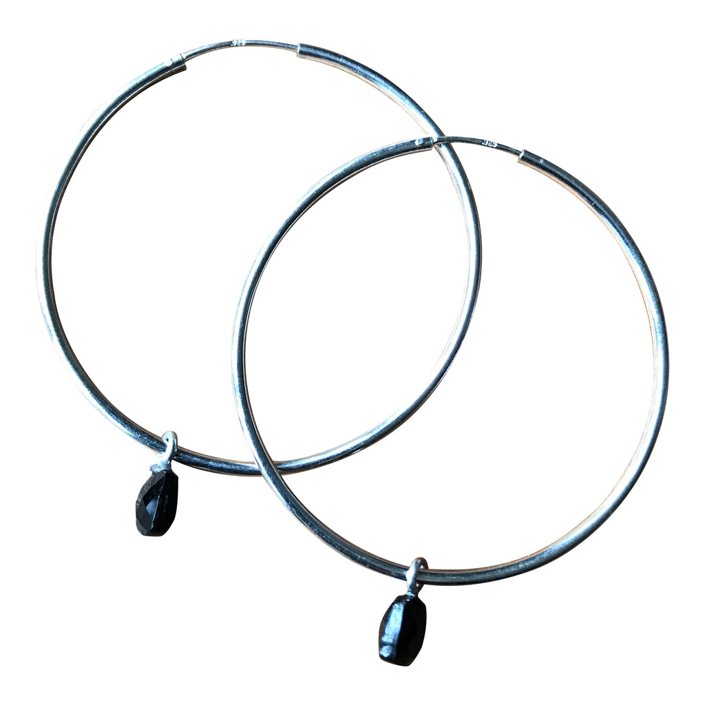 Black Onyx Hoop Earrings - Oxidised