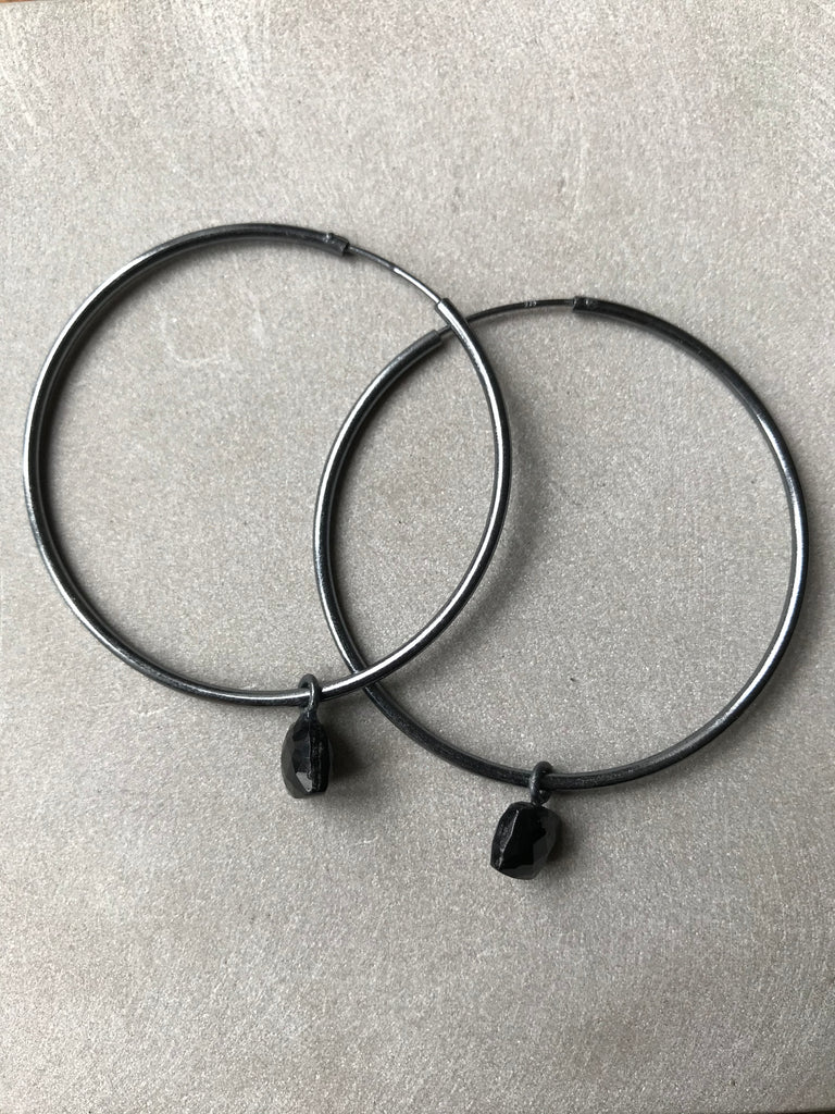 Black Onyx Hoop Earrings - Oxidised