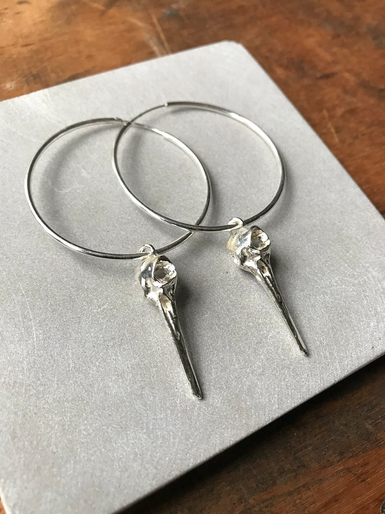 Bird Skull Hoop Earrings - Silver