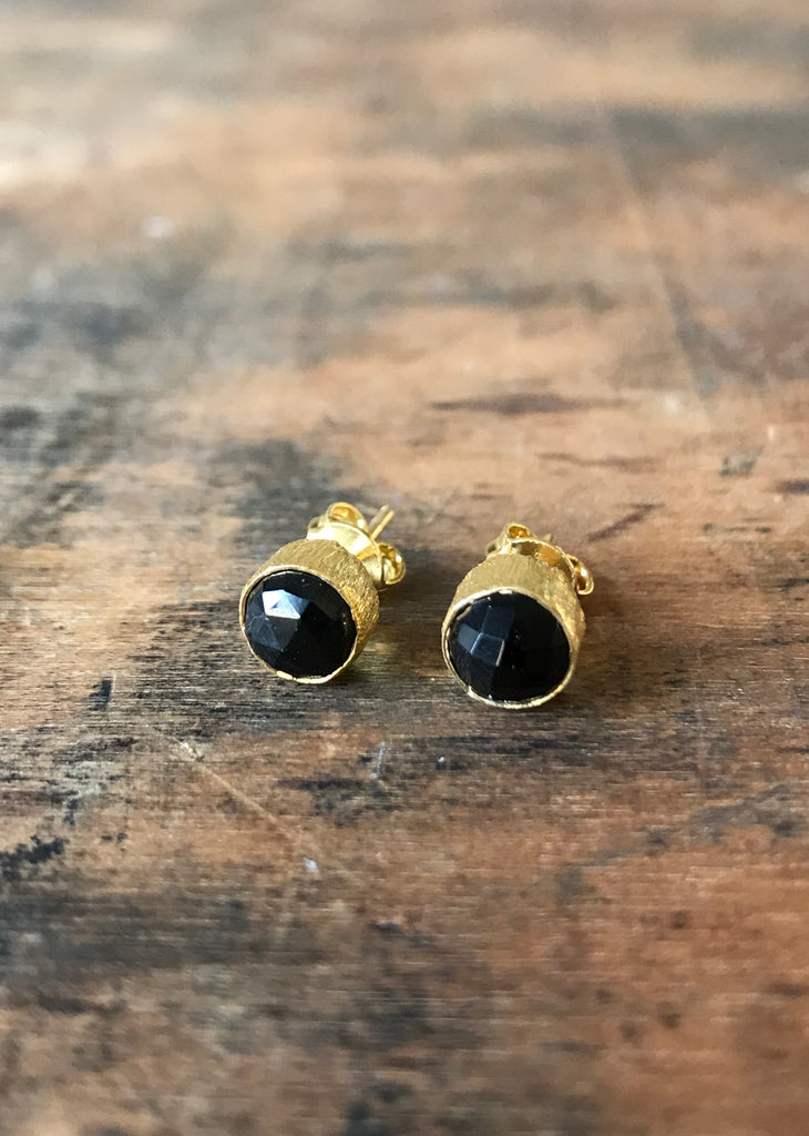 925 Silver Black Onyx Brushed Studs - Gold