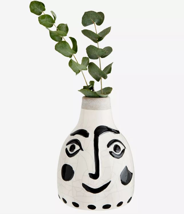 STONEWARE VASE W/ FACE white black