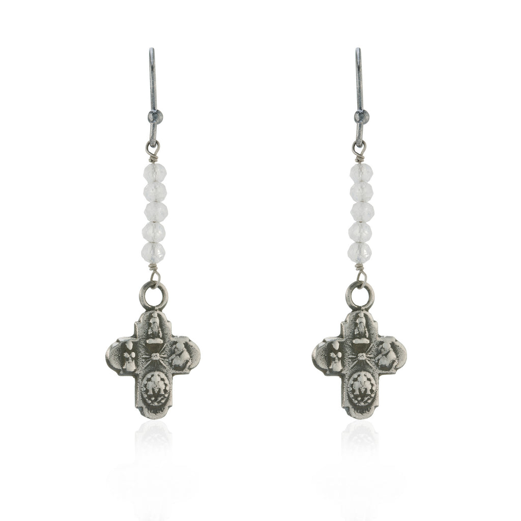 WDTS Tiny Cross and Moonstone Drop Earrings