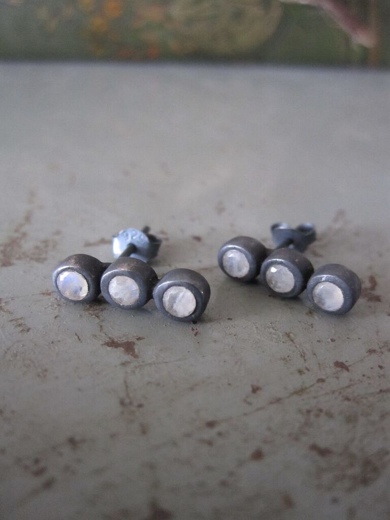 925 Oxidised Silver triple Moonstone Earrings