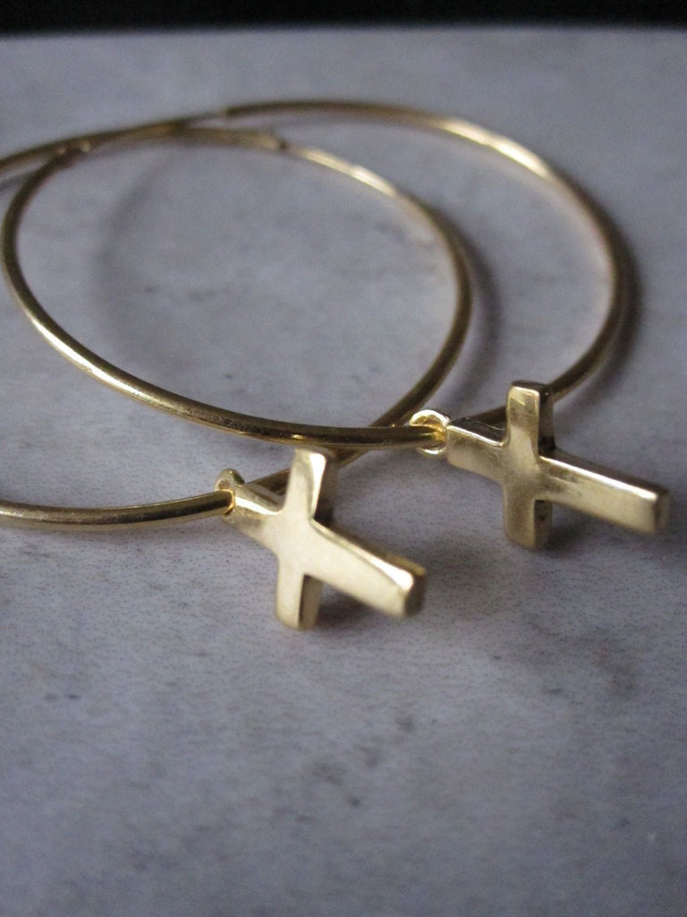 925 Silver Medium Cross Hoop Earrings - Gold