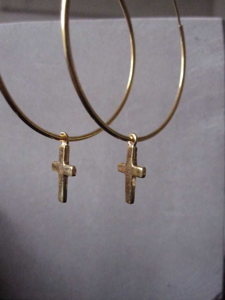 925 Silver Medium Cross Hoop Earrings - Gold