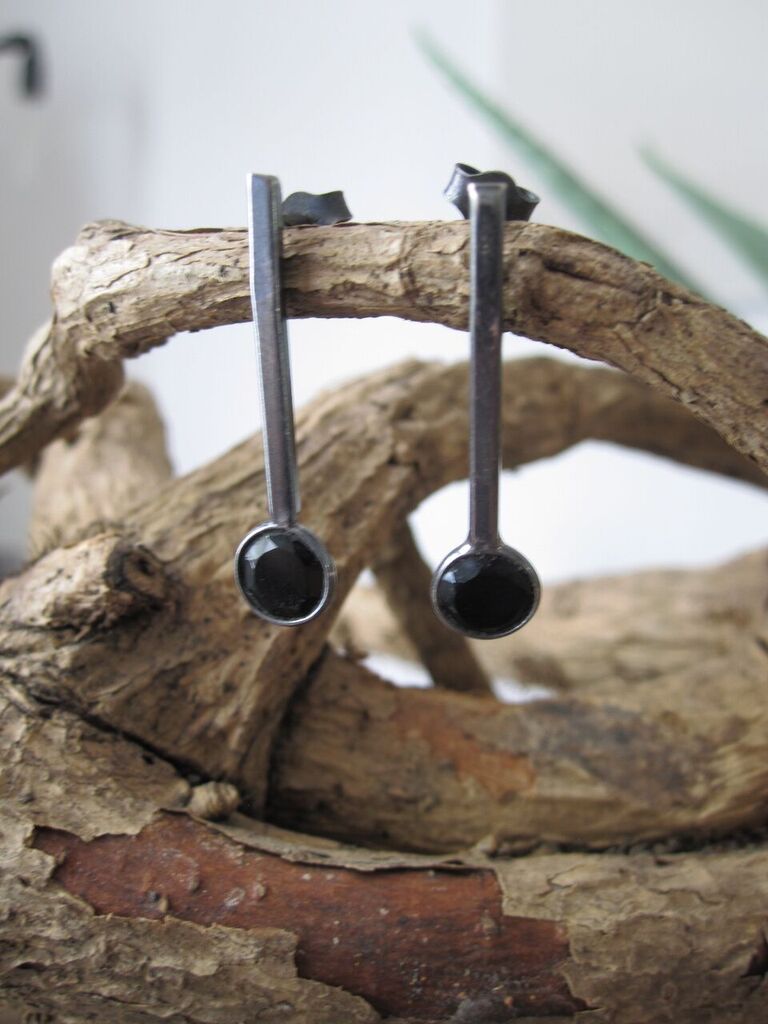 925 Oxidised Silver stud drop Onyx Earrings