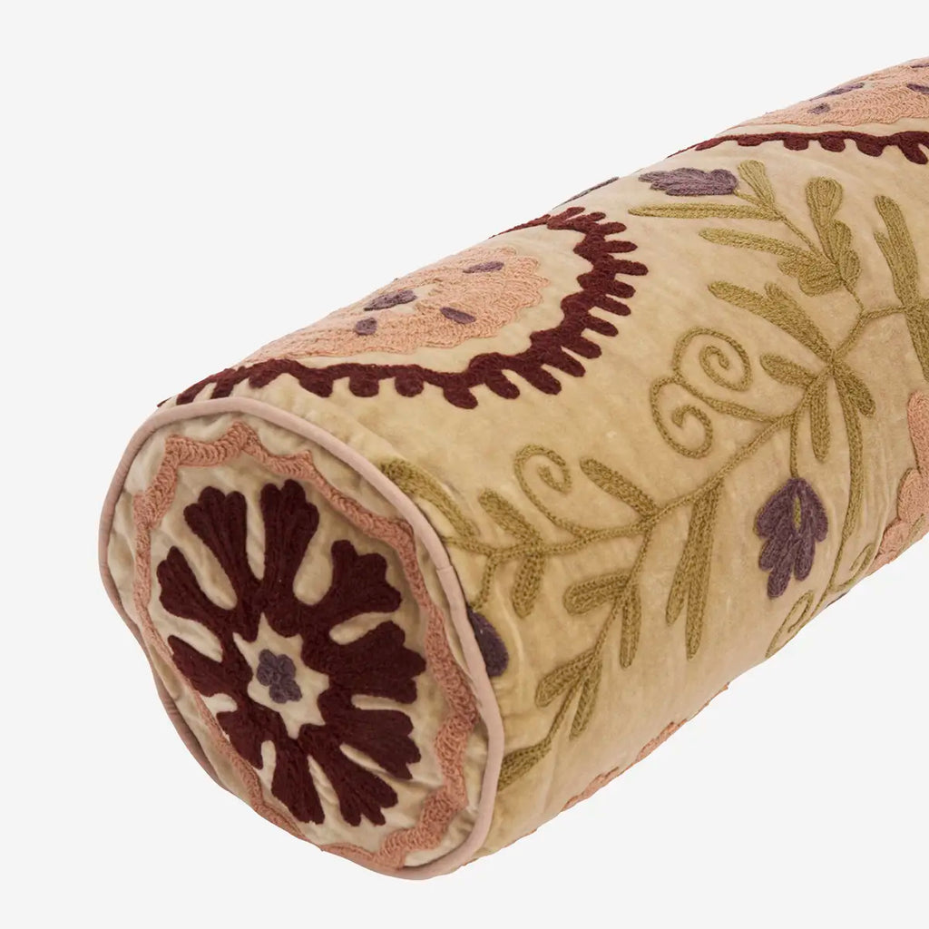 Madam Stoltz Suzani Embroidered Velvet Bolster Cushion