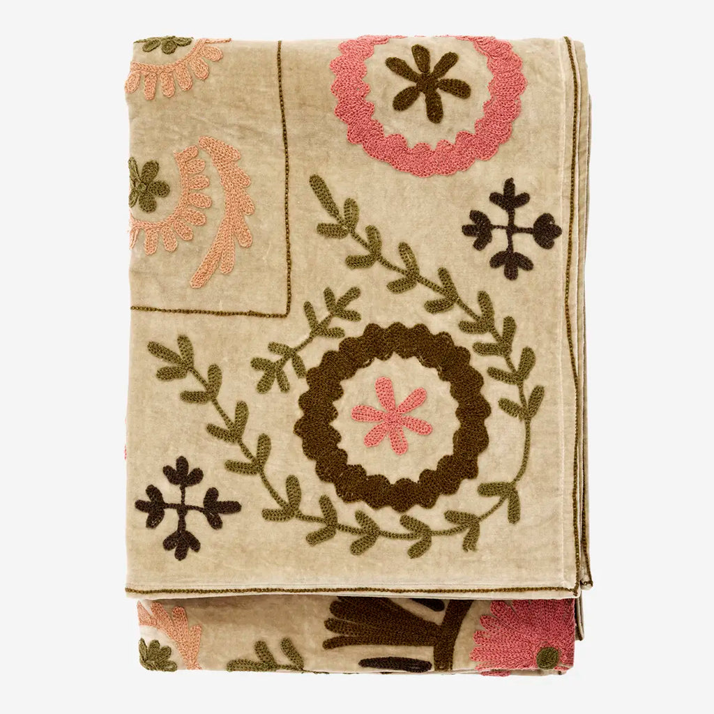 Madam Stolz Suzani embroidered velvet throw beige, green, pink, peach, brown