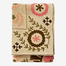 Madam Stolz Suzani embroidered velvet throw beige, green, pink, peach, brown