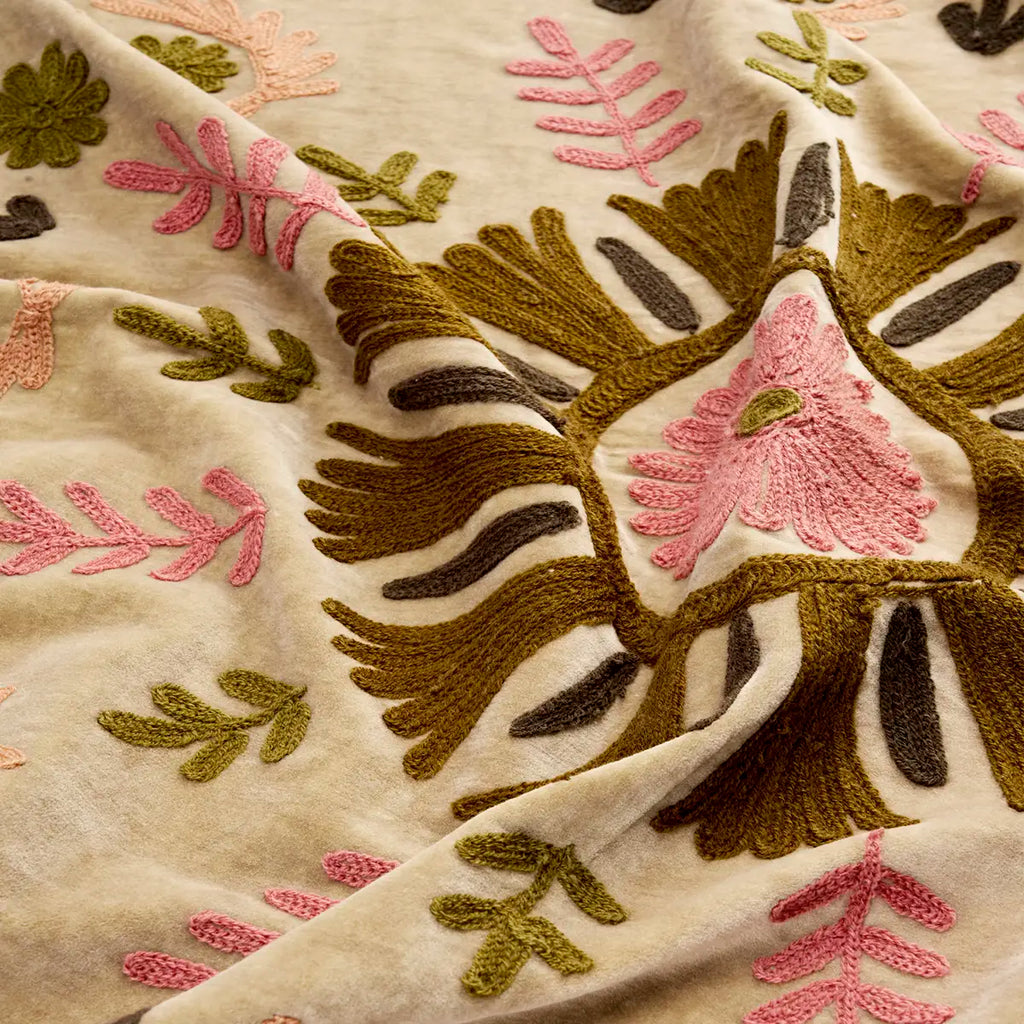 Madam Stolz Suzani embroidered velvet throw beige, green, pink, peach, brown
