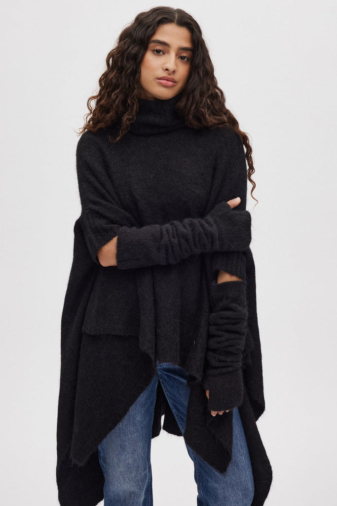 Rabens Saloner Black Fluffy knit poncho Dede