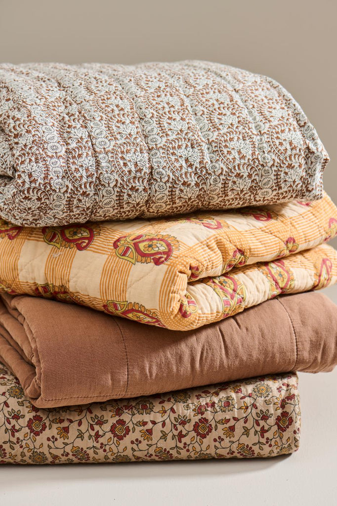 Ib Laursen Quilt brown w red, orange and grey flower vines