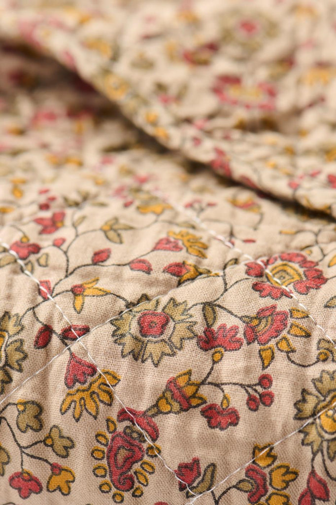 Ib Laursen Quilt brown w red, orange and grey flower vines