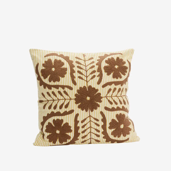 Madam Stoltz Suzani embroidered cushion cover - Brown, yellow, off white