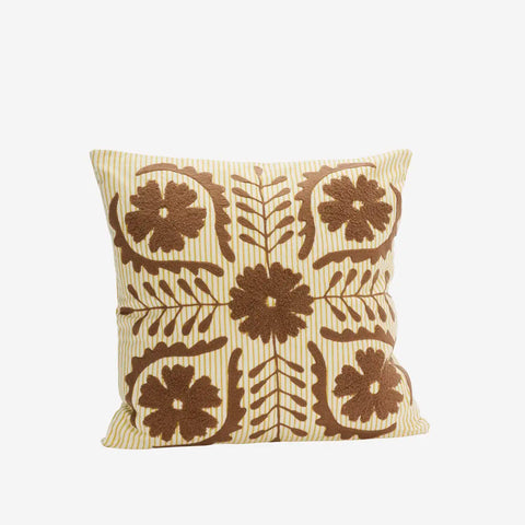 Madam Stoltz Suzani embroidered cushion cover - Brown, yellow, off white