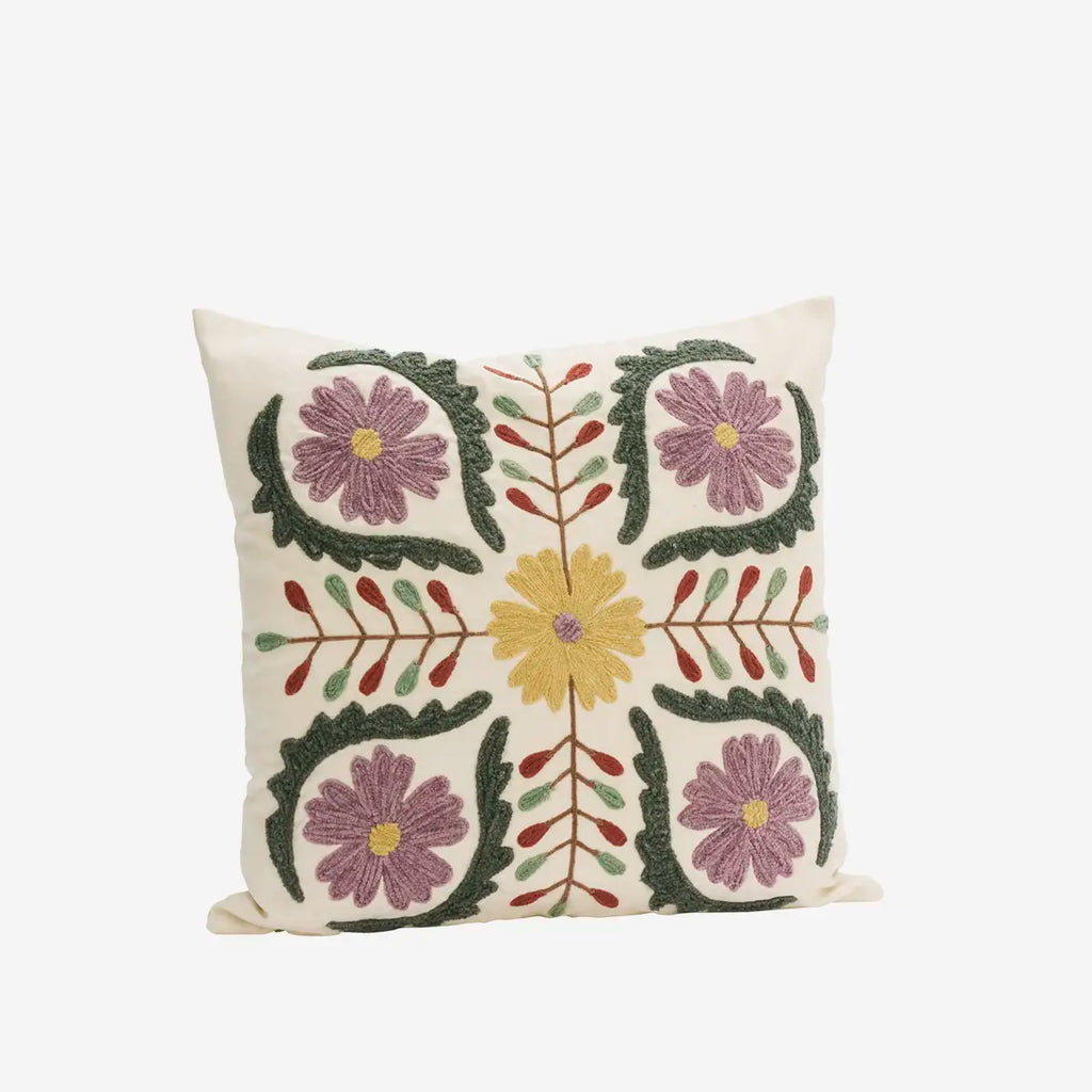 Madam Stoltz Suzani embroidered cushion cover - Purple, yellow, green, rust, off white