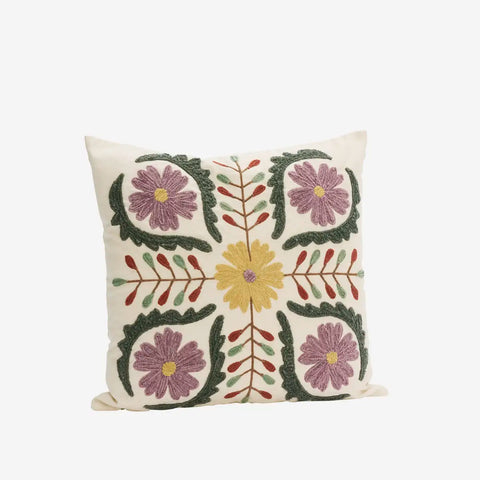 Madam Stoltz Suzani embroidered cushion cover - Purple, yellow, green, rust, off white