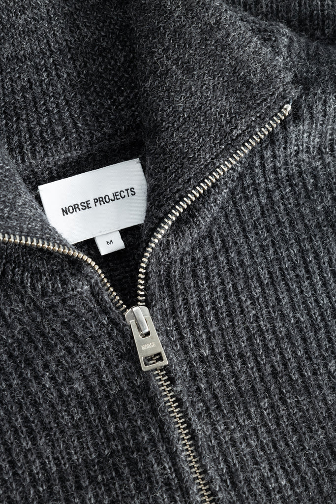 AW26 Norse Projects Hagen Wool Cotton Rib Full Zip Jacket, Dark Grey Melange