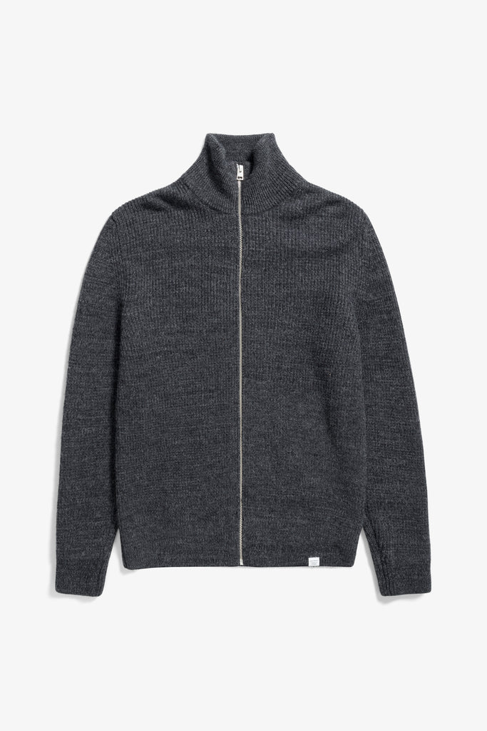 AW26 Norse Projects Hagen Wool Cotton Rib Full Zip Jacket, Dark Grey Melange