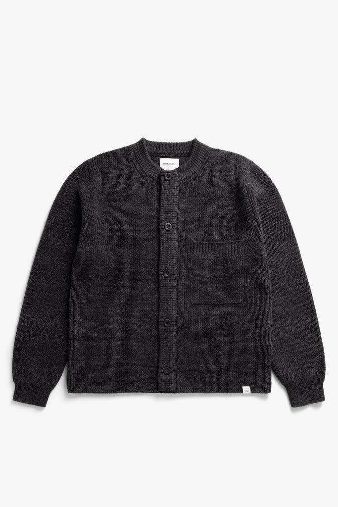 AW26 Norse Projects Gullverket Cotton Wool Rib Cardigan, Dark Grey Melange
