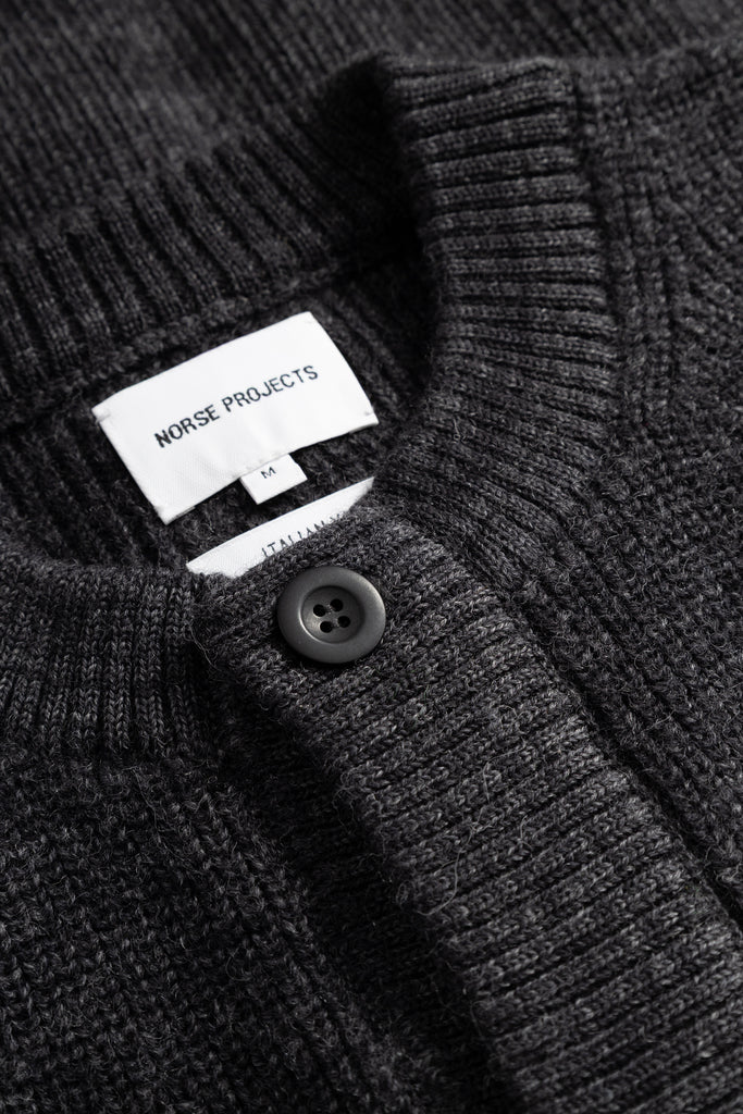 AW26 Norse Projects Gullverket Cotton Wool Rib Cardigan, Dark Grey Melange