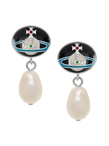 Vivienne Westwood Loelia Earrings- Platinum/Black Enamel/Creamrose Pearl