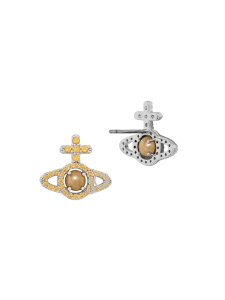 Two earrings with brown gemstones and gold and silver crosses on a white background with 'JOOR' branding.