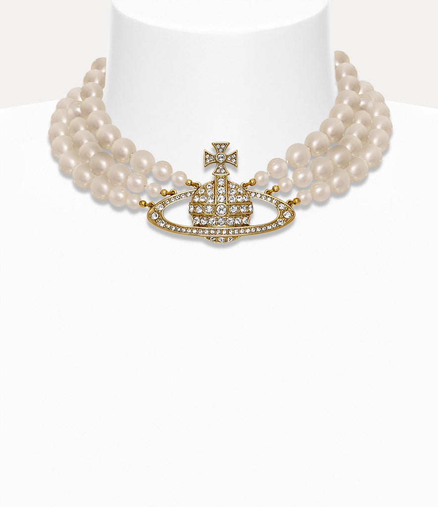 SS26 Vivienne Westwood Three Row Pearl Bas Relief Choker - Gold/Pearl