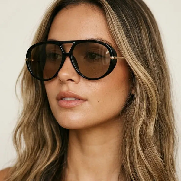 Black Aviator Style Sunglasses with Brown Lenses