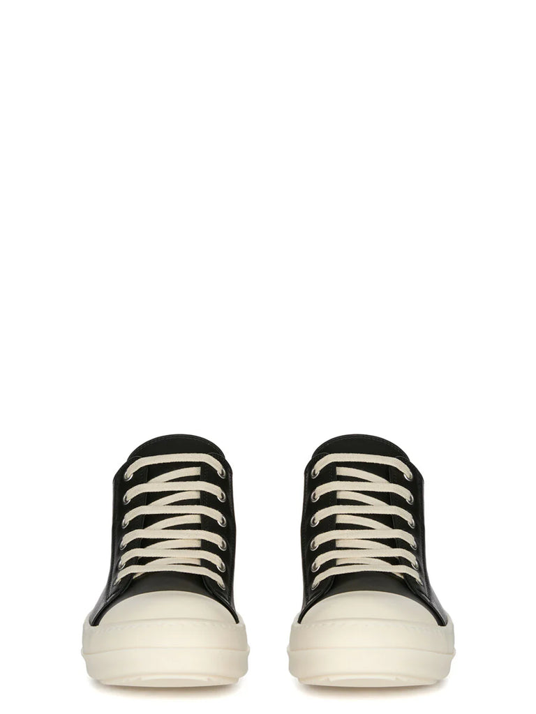 Rick Owens SS26 Temple Low Sneaks in Black/Milk/Milk Full Grain Cow Leather