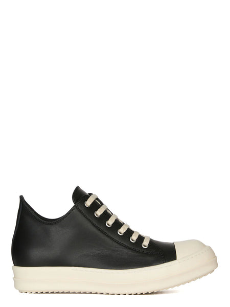 Rick Owens SS26 Temple Low Sneaks in Black/Milk/Milk Full Grain Cow Leather