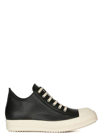 Rick Owens SS26 Temple Low Sneaks in Black/Milk/Milk Full Grain Cow Leather